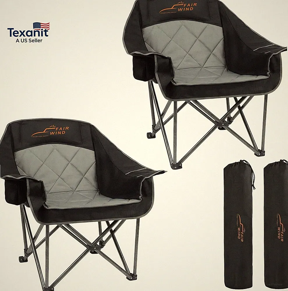 2 Pack Oversized Padded Camping Chair Heavy Duty Quad Fold Arm Chair Portable fo