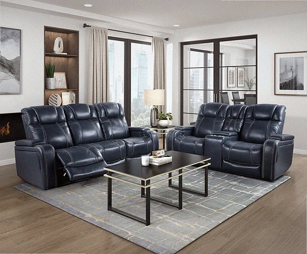 2 PC BLUE LEATHER POWER HEADRESTS RECLINING STORAGE SOFA LOVESEAT FURNITURE SET