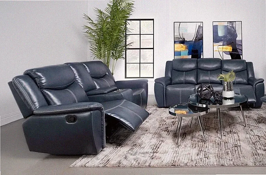2 PC DARK BLUE FAUX LEATHER RECLINING DROP DOWN TABLE SOFA LOVESEAT FURNITURE