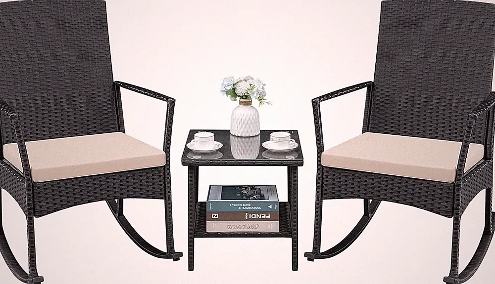 3 Pieces Patio Furniture Set Outdoor Wicker Rocking Chairs with Glass Coffee Tab