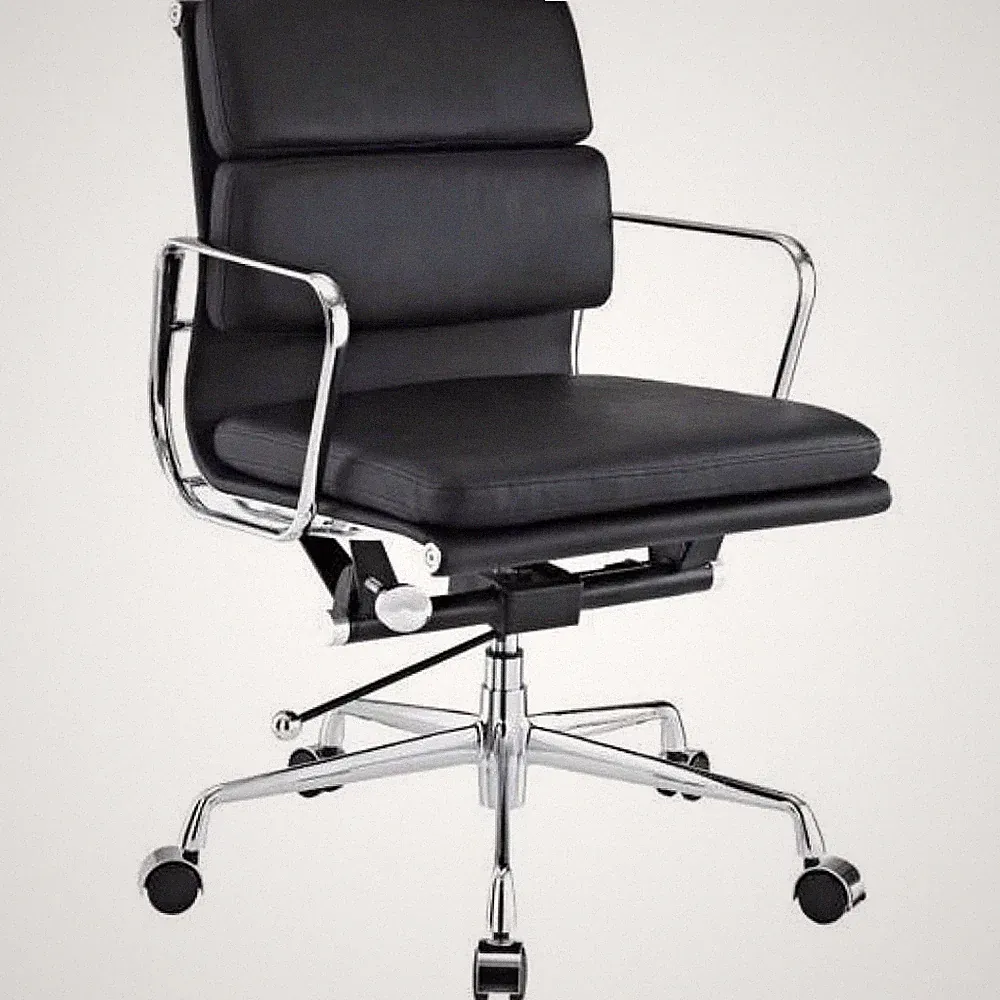 Genuine Leather Low Back Soft Pad Office Chair Black EA217 stainless steel frame