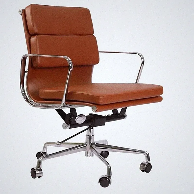 Genuine Leather Low Back Soft Pad Office Chair Tan EA217 stainless steel frame