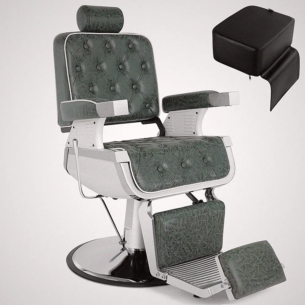 Green Vintage Barber Chair HeavyDuty Hydraulic Recline Beauty w/Kid Booster Seat