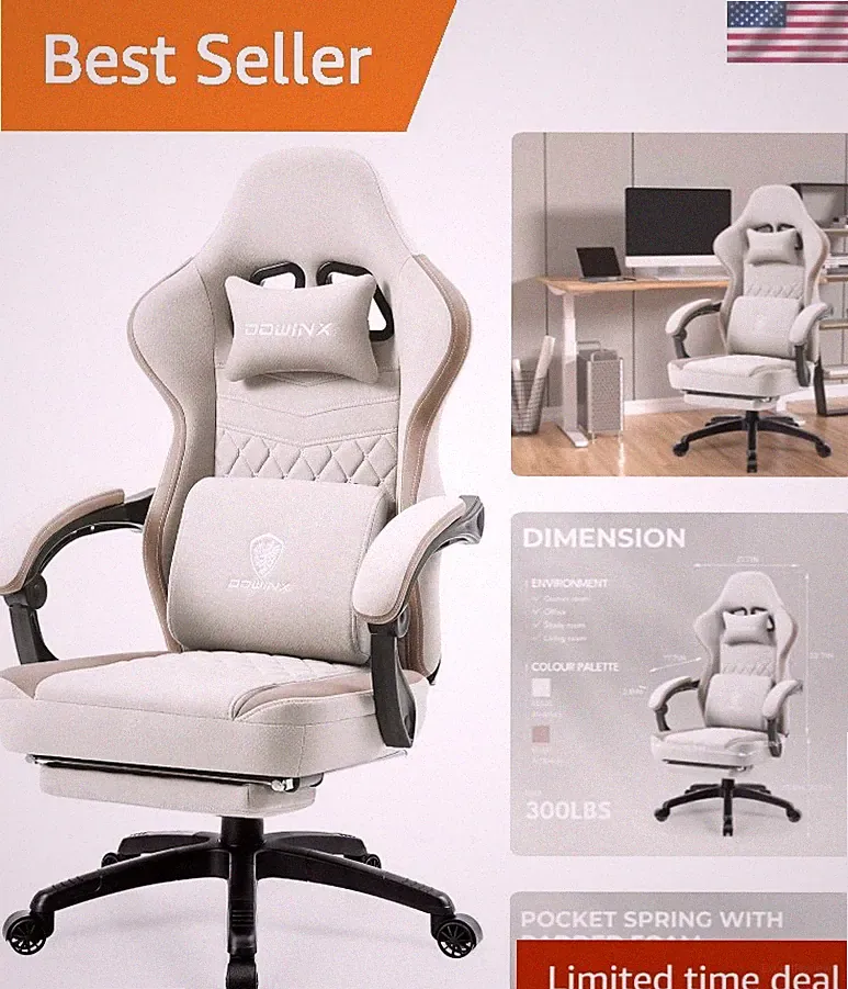 Luxurious Beige Gaming Chair with Multiple Recline Positions & Massage Support