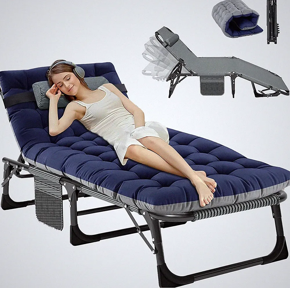 NAIZEA Camping Cot 4 Gears Adjustable Folding Chaise Chair Bed w/Mattress Pillow