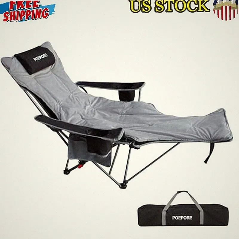 Portable Camping Chair W/ Adjustable Backrest & Footrest Stainless Steel Frame