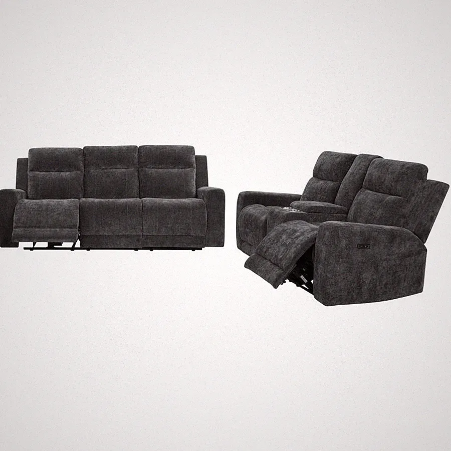 POWER 2 PC DARK GREY RECLINING TEXTURED SOFA LOVESEAT LIVING ROOM FURNITURE SET