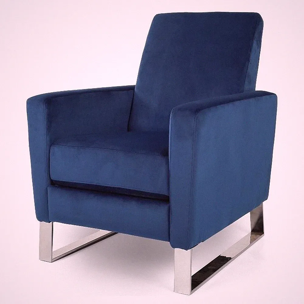 Reki Recliner Chair- Manual Push Back- Stainless Steel- Blue Velvet