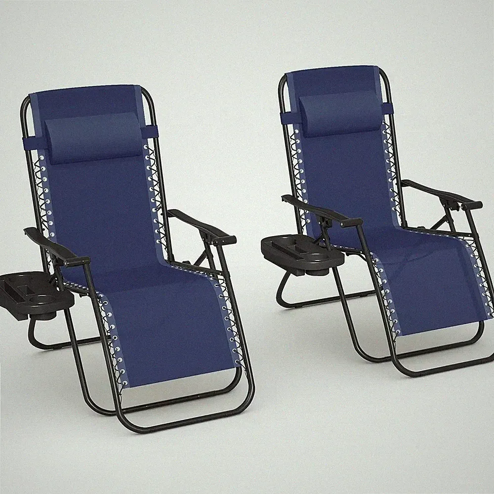 Set of 2 Blue Zero Gravity Chair Folding Recliner Patio Lounge Outdoor Reclining