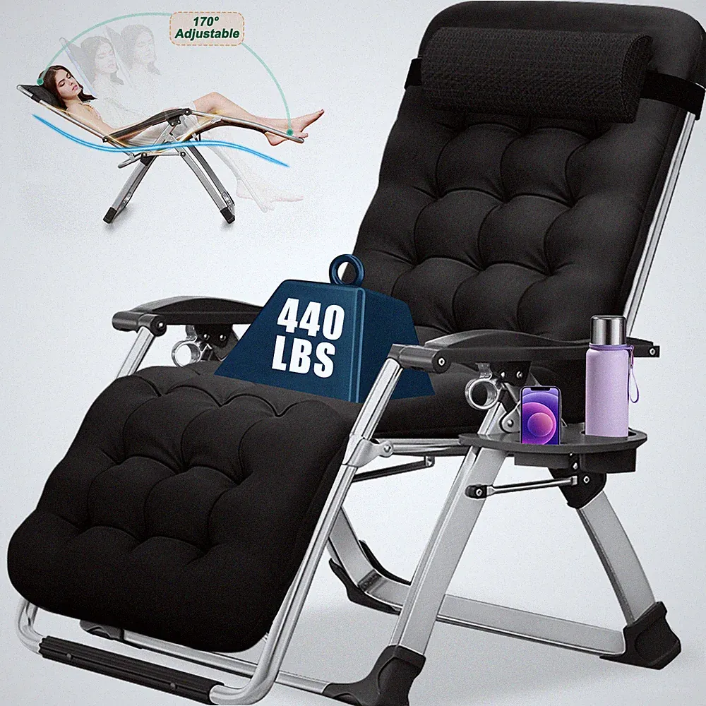 Slsy Folding Ergonomic Zero Gravity Lounge Chair Black Soft Pad & Cup Holder