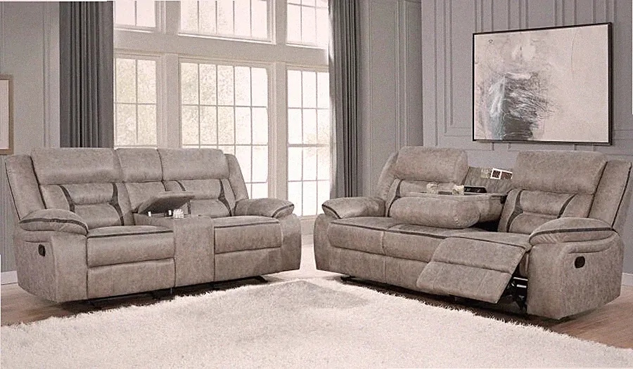 TAUPE FAUX LEATHER RECLINING DROP DOWN TABLE SOFA LOVESEAT LIVINGROOM FURNITURE