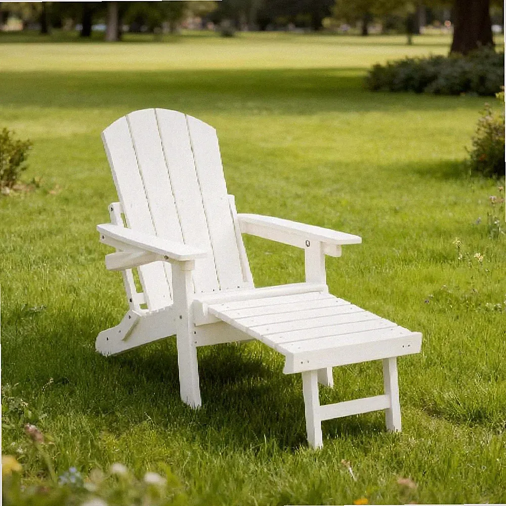 White Folding Recliner Chair with Cup Holder & Ottoman, Adjustable Outdoor