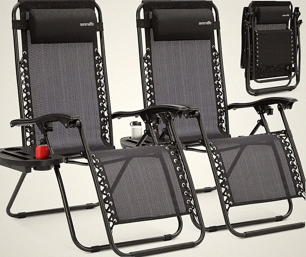 Zero Gravity Lounge Chairs Set with Side Table & Cup Holder - Black